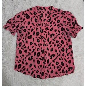 Women's Blouse Pink And‎ Black Size Large Animal Print V-neck Casual Workwear